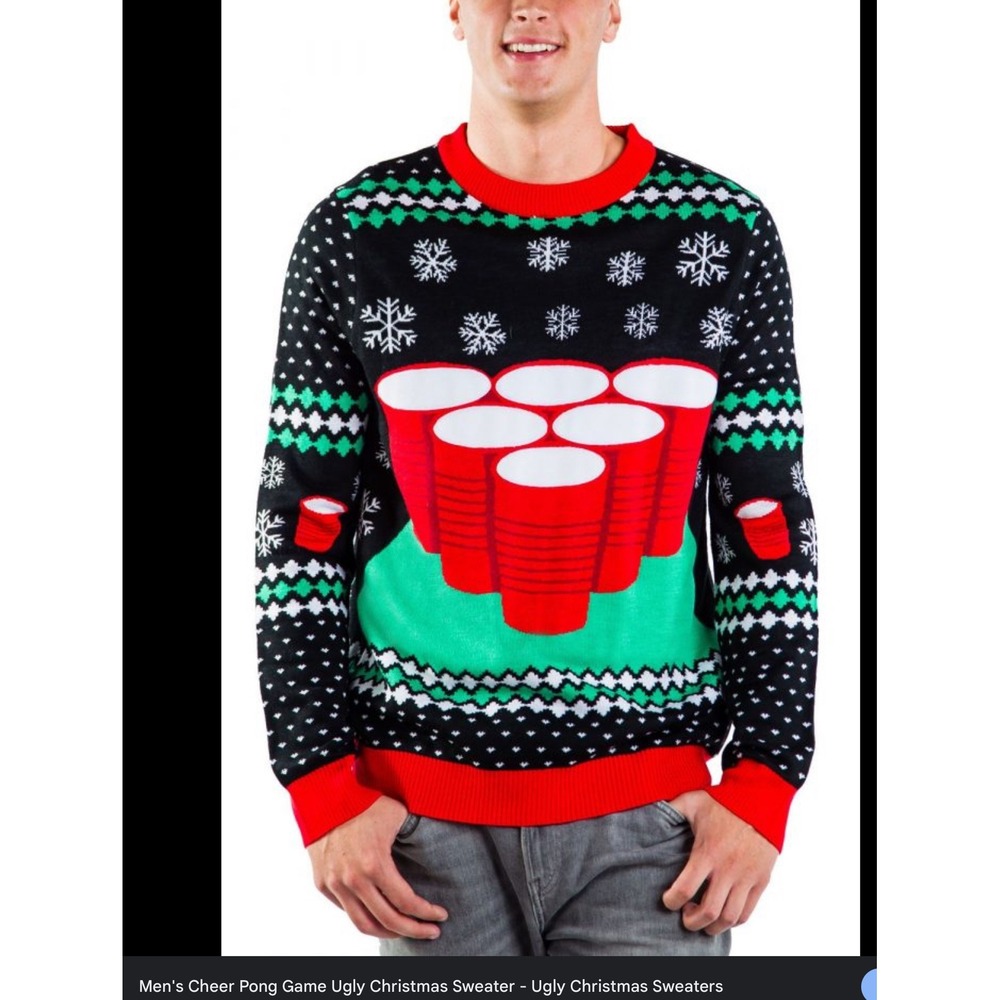 Tipsy Elves Mens XL Ugly Christmas Sweater Beer Pong Snowflakes Red Green‎ Black